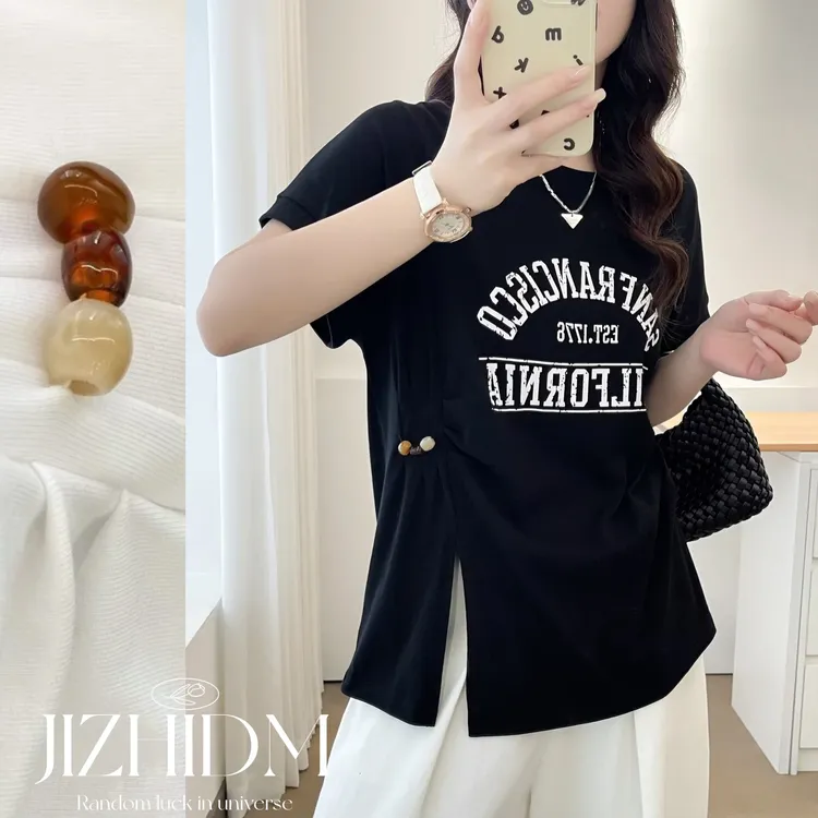【100-200斤】夏季新款褶皱开衩设计圆领短袖打底衫女宽松显瘦百搭T