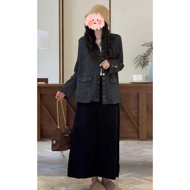 【费城记忆】扣子设计显瘦气质深灰色薄外套长款半身裙秋季套装