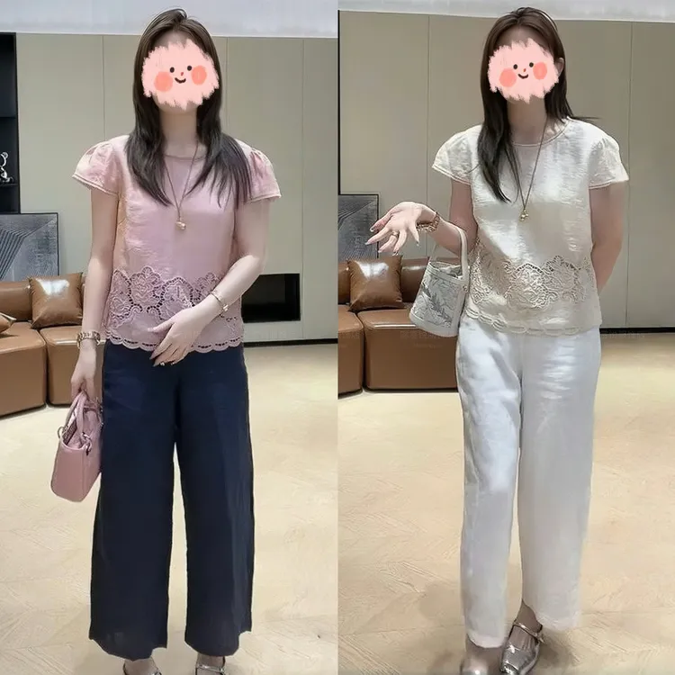 2025夏季新款松弛感老钱镂空花边透气小衫设计感百搭阔腿裤套装女