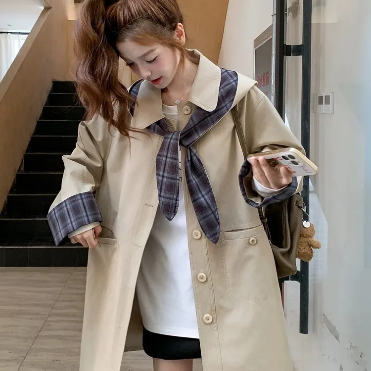秋季新款格纹连帽高级感chic气质中长款风衣外套女