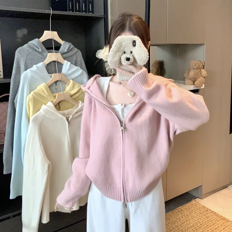 1148大码胖mm秋冬连帽短款针织开衫女宽松遮肉显瘦百搭毛衣外套