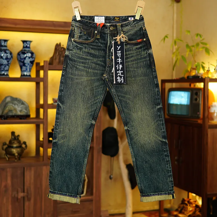 19盎司赤耳丹宁牛仔裤子男士藏棉纱植物染加厚纯棉直筒休闲复古男