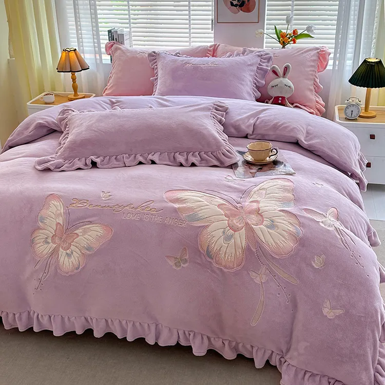 【蝴蝶】冬季必备高克重加厚牛奶绒四件套贴布绣被罩双面绒床裙款