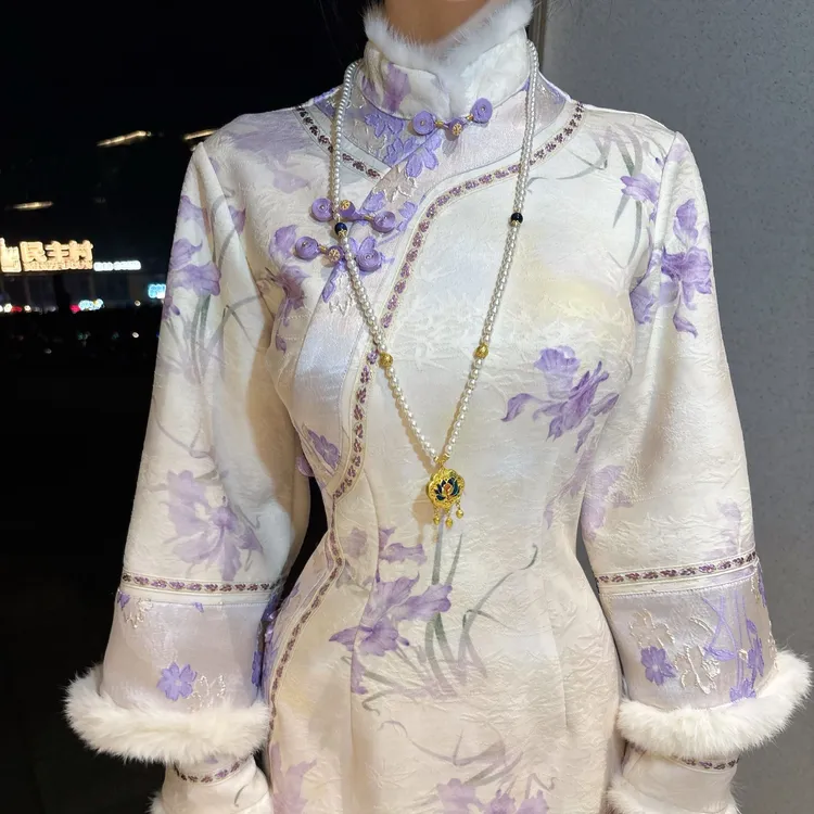 LHMknk1画报夫人原创自制厚款针织水貂秋冬旗袍 清宫鸢尾紫花