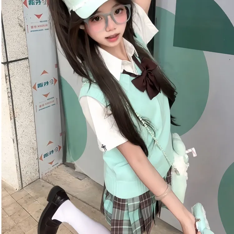 御茶家·現货【正版原创JK·巧心薄荷】校供制服套装女格裙短裙子秋冬