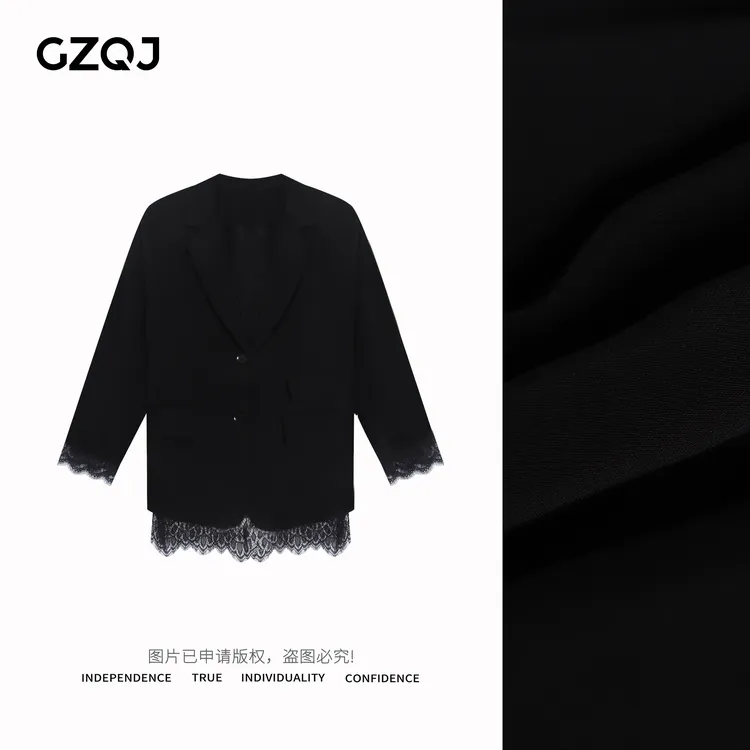 广州琴姐【罗曼史】欧若风设计感黑色薄款蕾丝西装外套女春夏2574