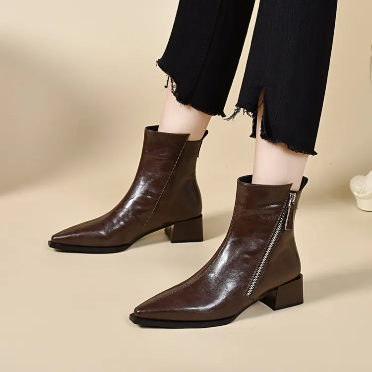 法式短靴2025冬季新款粗跟英伦风美拉德皮靴瘦瘦靴复古骑士尖头靴