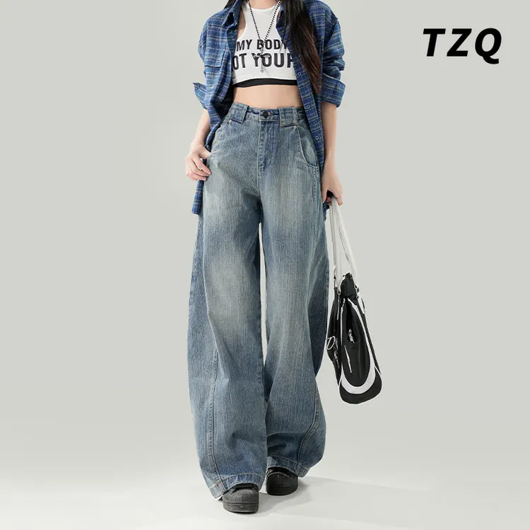 高腰宽松显瘦百搭弯刀牛仔裤女2025新款复古水洗阔腿裤TZQ2511630