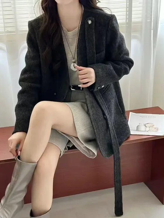 【韩系】2025冬季高级感韩系飘带中长款双面羊绒大衣外套ALS-1005