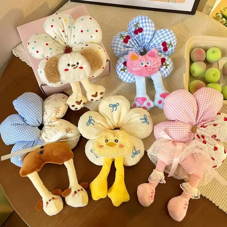 可爱卡通趣味花朵大肠发圈女高级感充棉立体小狗头绳小猫小鸭发绳