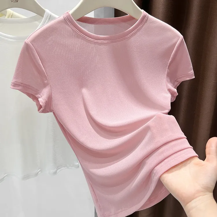 软糯亲肤透气网纱薄款短袖T恤2025夏季极简风甜美正肩修身上衣女