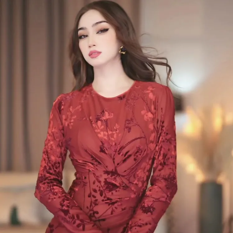 【爱妃】琉璃花秋季新款法式气质收腰显瘦鱼尾连衣裙-YL11098