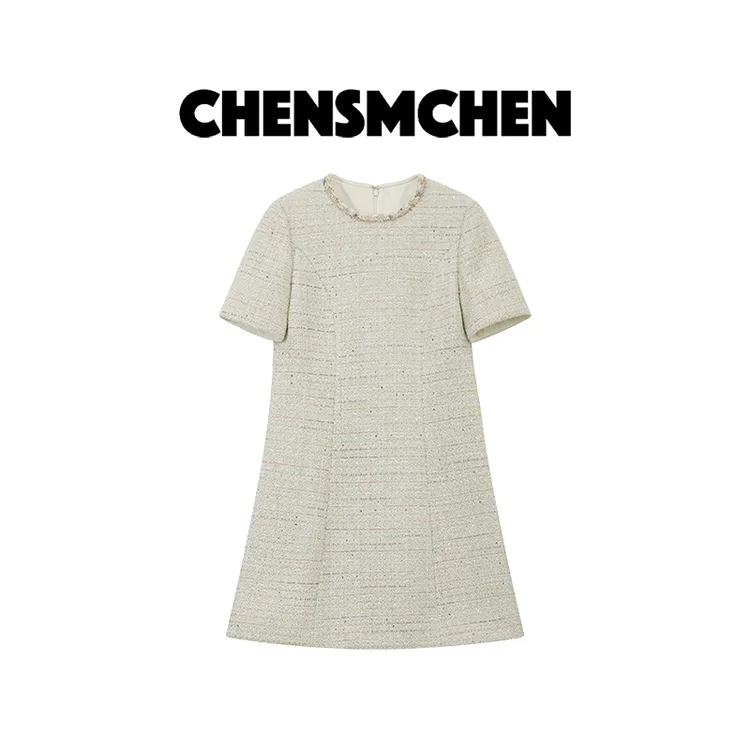 CHENSMCHEN 简约大气圆领短袖连衣裙女精致优雅显瘦裙子CSL7152MN