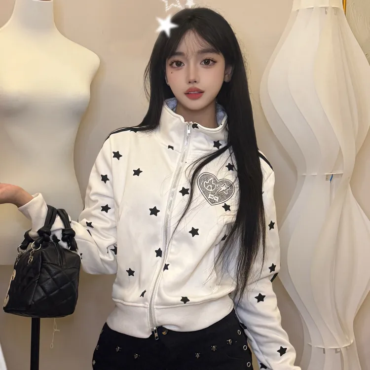 国潮美式爱心烫钻满印星星开衫连帽卫衣女装新款潮牌宽松休闲外套