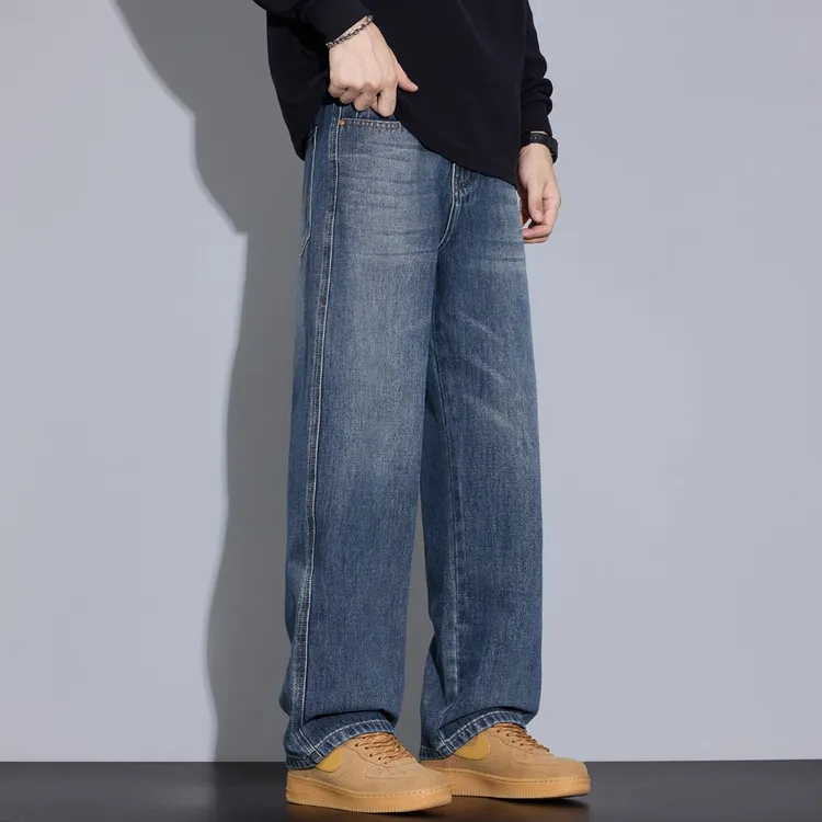 Kuvine2025秋季款美式复古潮流百搭立体剪裁水洗宽松直筒牛仔裤男