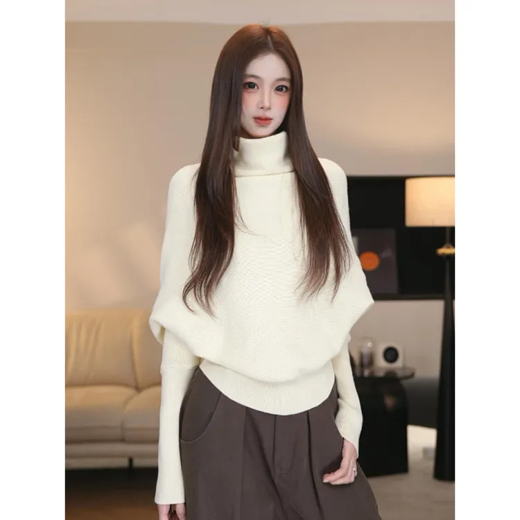 秋冬半高领时尚蝙蝠袖针织衫毛衣女新款高级感慵懒风长袖