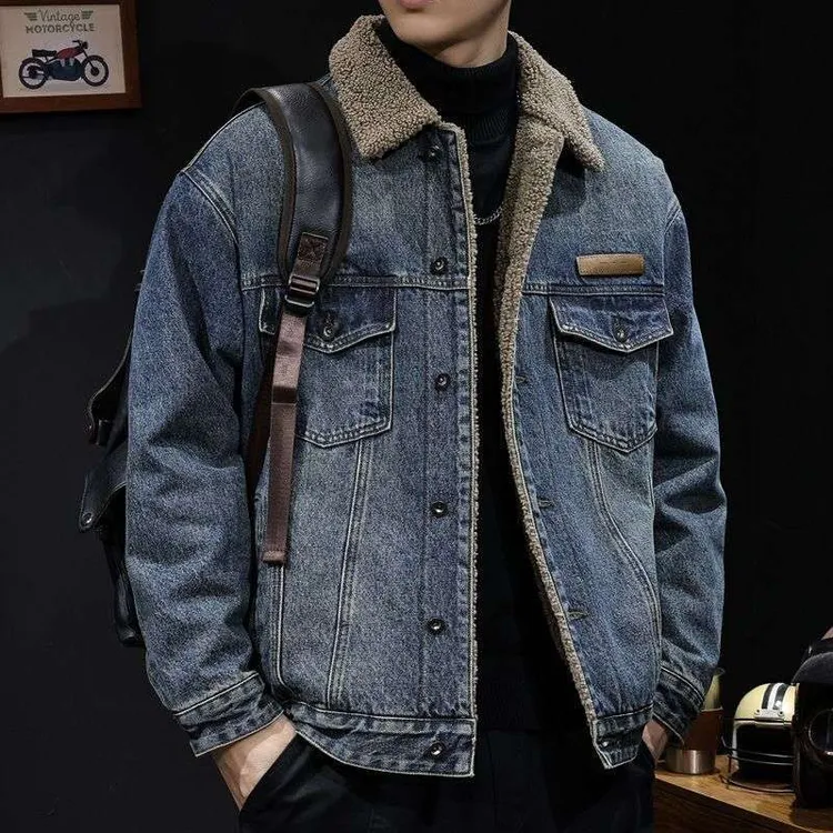 羊羔绒美式复古外套工装加绒冬季棉服加厚保暖牛仔帅气夹克潮流