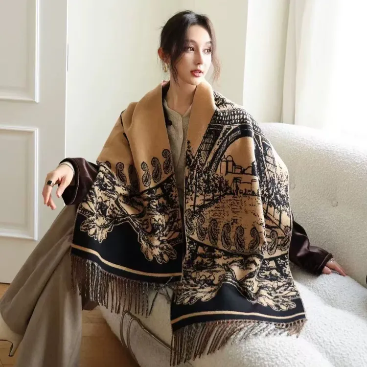 加厚加长战马格子双面仿羊绒围巾春秋冬季流苏保暖外搭披肩围脖