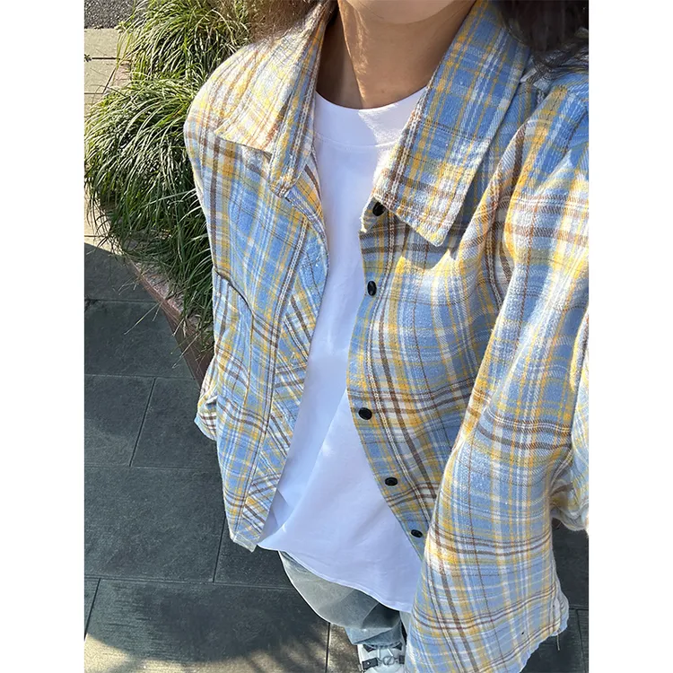 新款保暖设计感宽松假两件断码黄蓝格子衬衫男款长袖衬衣情侣潮