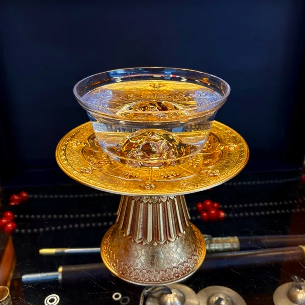 藏式摆件铜八吉祥高脚盘加水晶金山供水碗