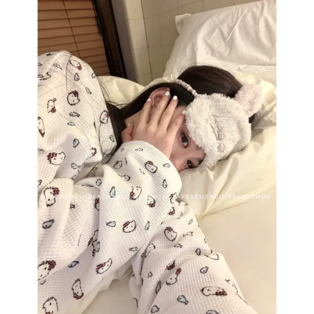 PEACHZHOU 华夫格KT猫印花宽松长袖松紧腰长裤慵懒睡衣家居服针织