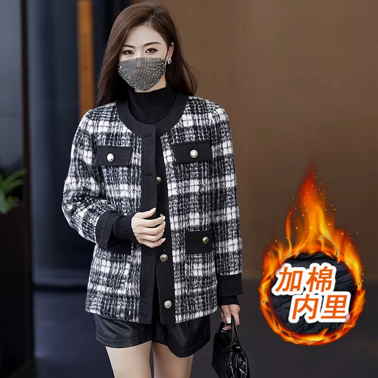 加厚加棉秋冬新款女装毛呢外套时尚胖妹妹大码显瘦小香风格子上衣