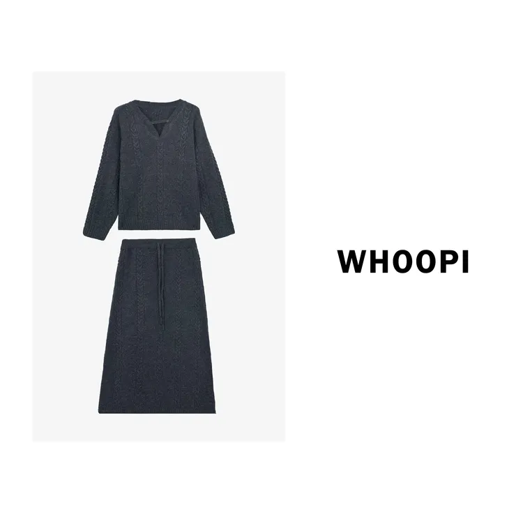 【Whoopi】【伯德小姐】静奢立体绞花慵懒风宽松毛衣半裙套装