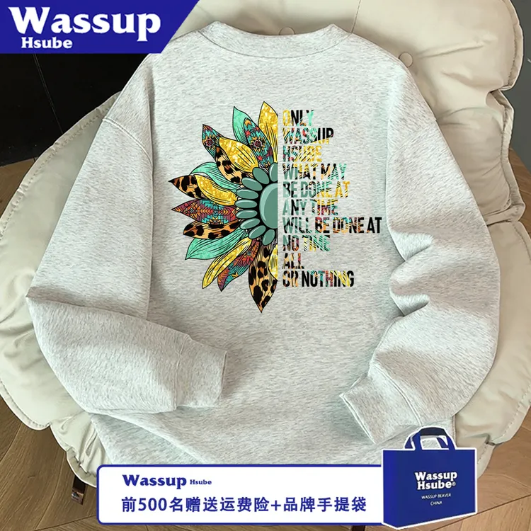 WASSUP HSUBE百搭美式长袖圆领休闲宽松向日葵花秋冬印花情侣上衣