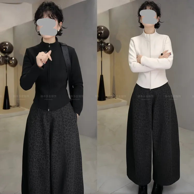 2025秋冬新款立领收腰休闲百搭厚款纯色外套舒适弯刀阔腿裤套装女