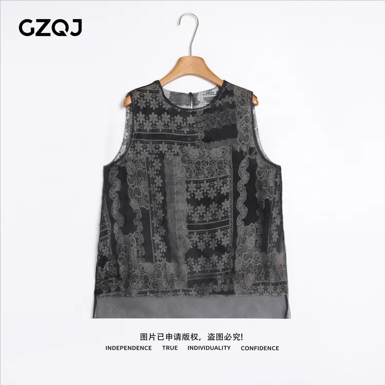 GZQJ【玄机绣】欧若风国风圆领印花网纱拼接背心女夏季76079