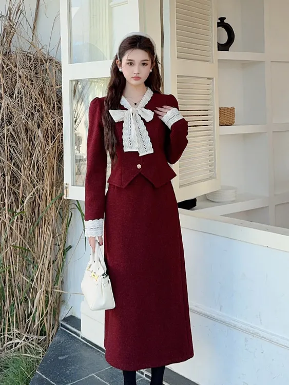 大码秋冬红色结婚订婚回门穿搭套装气质小香风外套遮肉显瘦半身裙