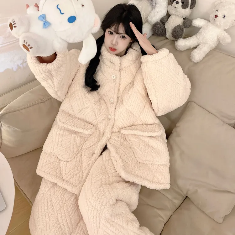 新款秋冬季天女士三层夹棉睡衣大码休闲套装珊瑚绒加绒加厚家居服