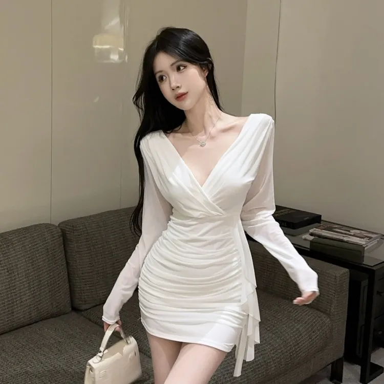 纯欲性感网纱流苏拼接长袖包臀连衣裙秋冬季辣妹百搭修身显瘦短裙