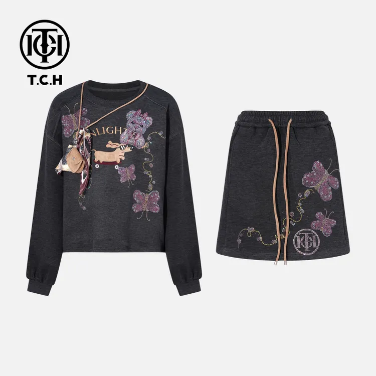 TCH私服烫钻工艺秋季纯欲慵懒风时尚套装女T75C07E1055轻奢tch