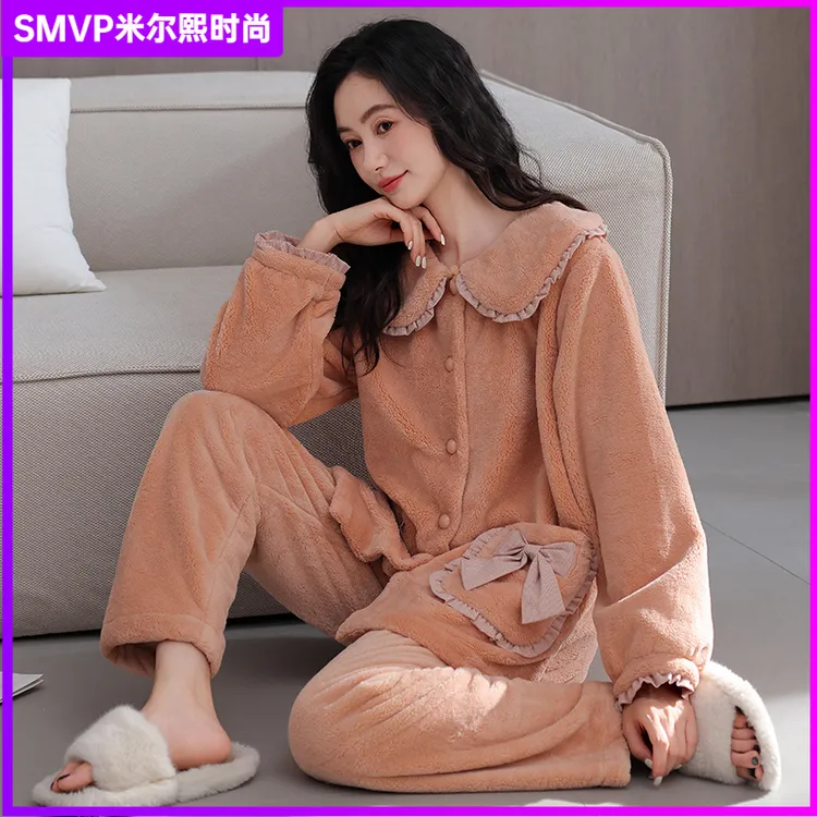 睡衣女士冬季珊瑚绒加厚加绒保暖女款秋冬法兰绒冬款可外穿家居服