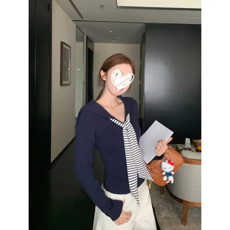 秋季新款长袖T恤小众学院风海军领假两件上衣女H375