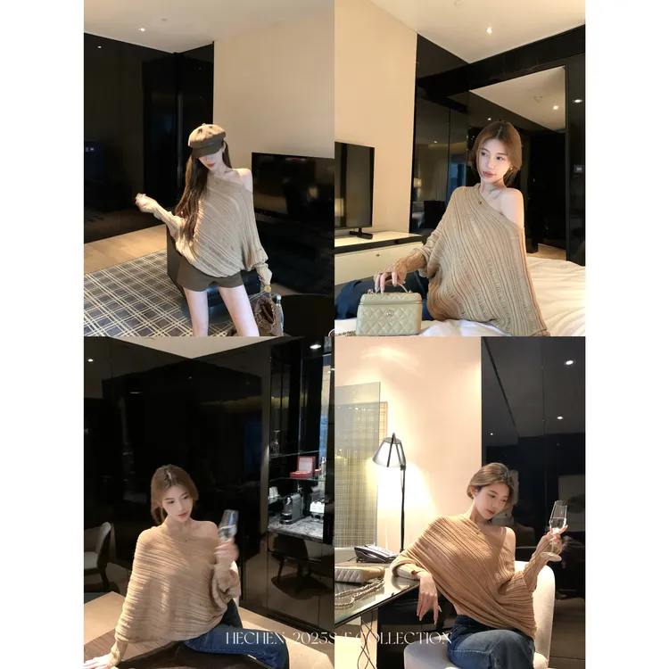 【禾呈】秋季修身时尚百搭吸汗长袖显瘦圆领套头斜肩上衣女50320