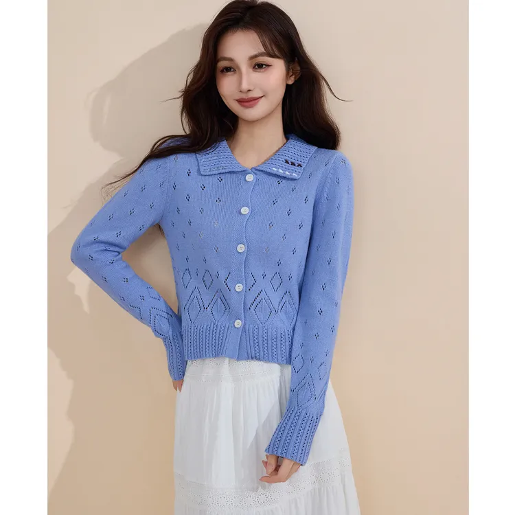【镂空针织开衫】茵曼26春季温柔风时尚减龄休闲百搭POLO领长袖毛衣