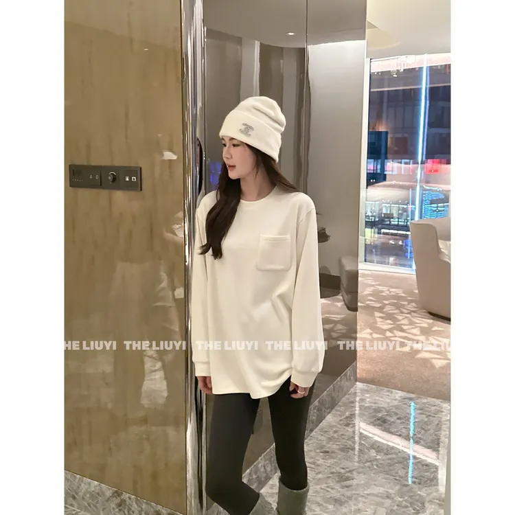 【LIUYI】口袋T～百搭保暖双面绒加绒加厚长袖大版T恤5925A4