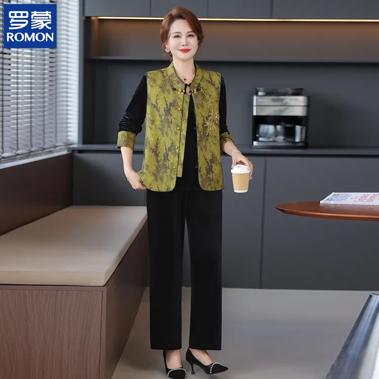 罗蒙时尚妈妈秋装金丝绒套装贵夫人花色马甲秋季中老年女装三件套