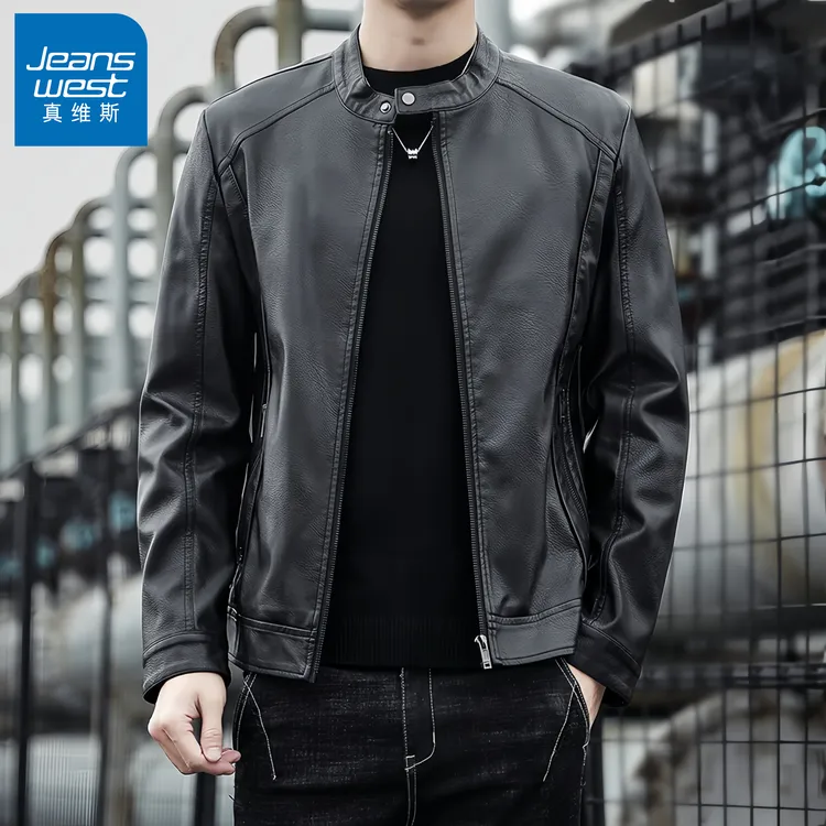 真维斯Jeanswest/男士立领休闲时尚免烫皮衣韩版加绒夹克秋冬外套