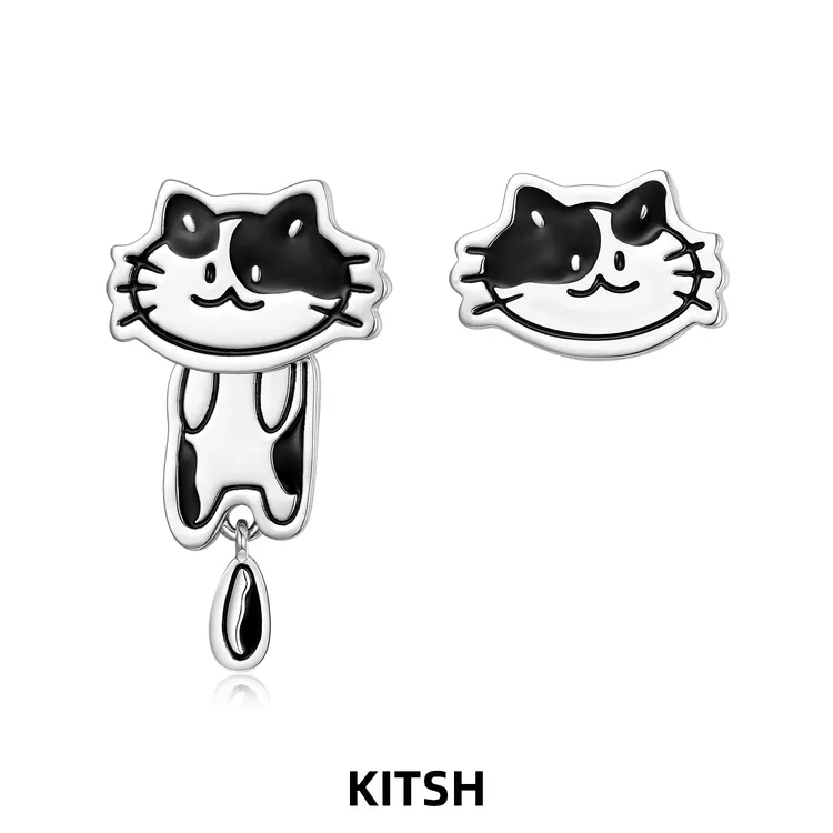 kitsh 黄铜耳饰 奶牛猫不对称耳钉原创设计涂鸦猫咪高级小众耳饰