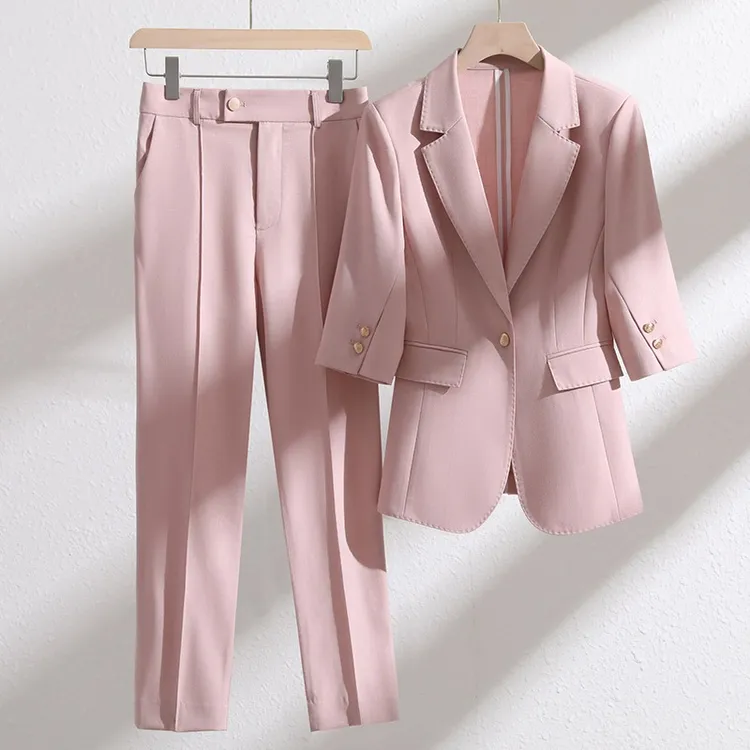 高端粉色夏季西装套装女薄款2025新款休闲中袖夏天职业装西服正装