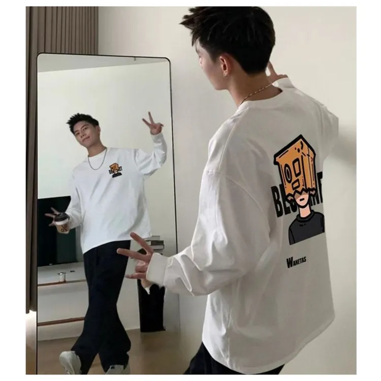 重磅纯棉长袖T恤男春秋季螺纹袖口印上衣花薄款打底衫ins宽松圆领