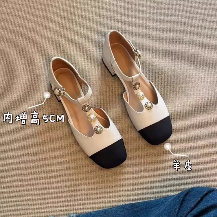 羊皮版~内增高小香风包头凉鞋女2025新款拼色穆勒鞋法式珍珠单鞋