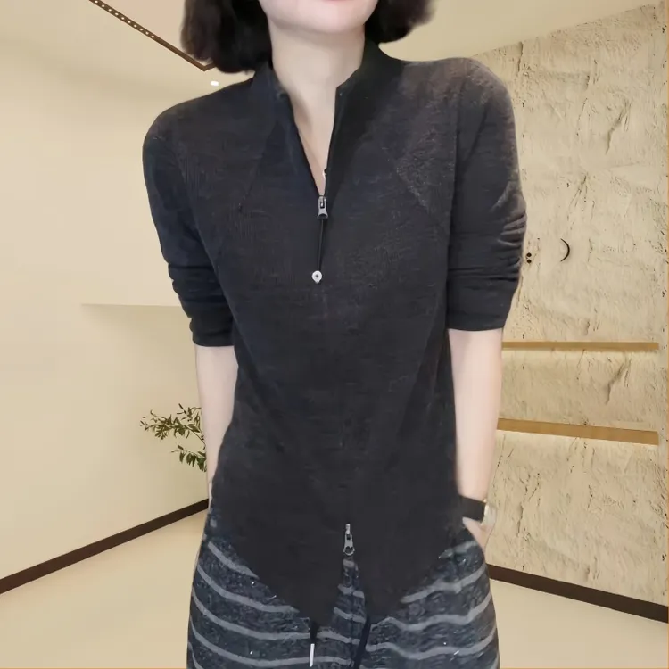 立领长袖外套女春季新款纯色明线拉链设计小衫显瘦减龄百搭针织衫