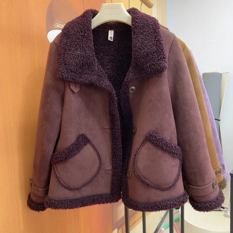 皮毛毛一体大码长袖小香风洗水羊驼绒修身通勤口袋保暖外套女开衫