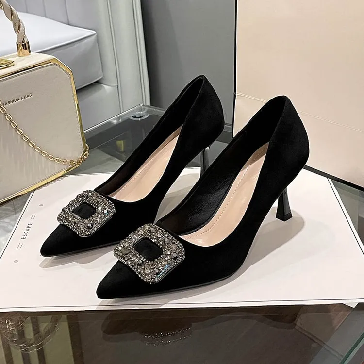 法式气质黑色高跟鞋女细跟尖头浅口性感水钻方扣职业工作鞋女通勤