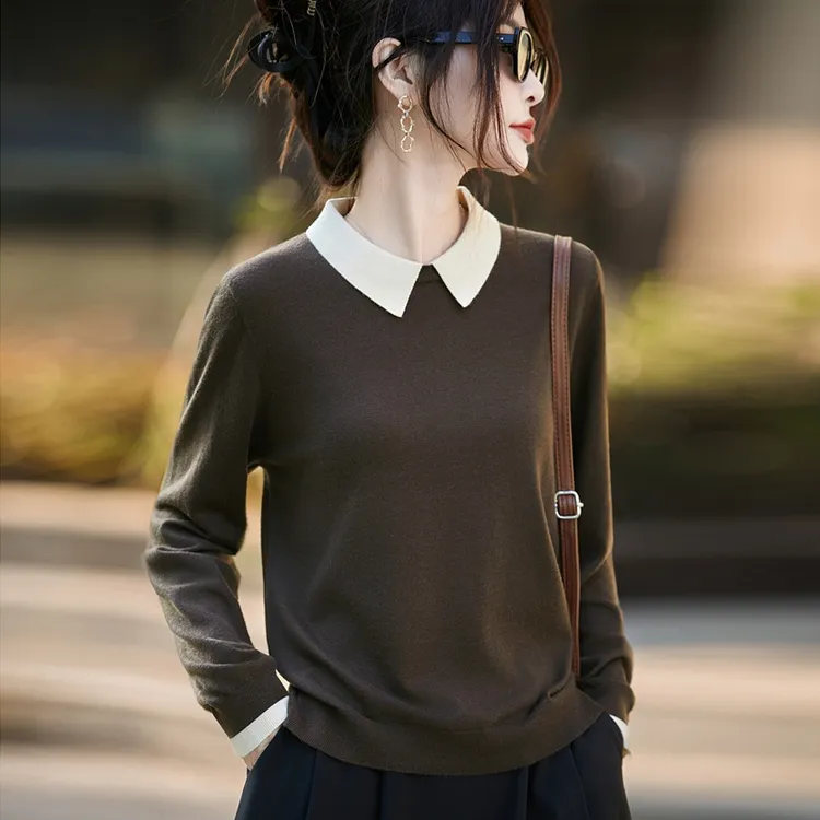 品牌冬季小香风娃娃领真丝羊绒衫时尚百搭拼色气质长袖打底衫女