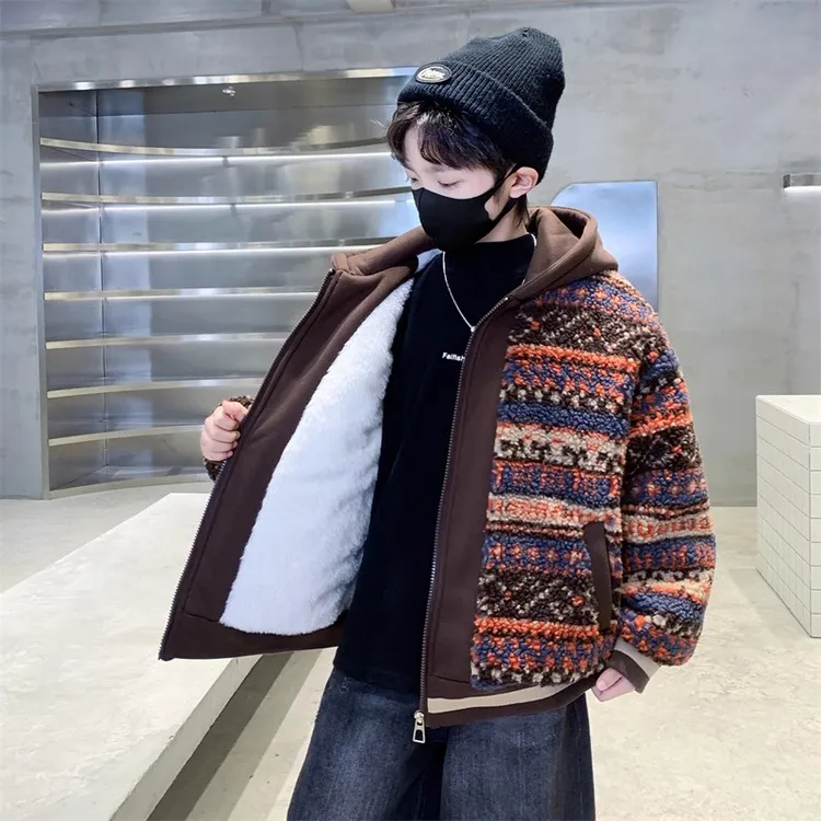 男童冬装连帽毛毛衣费尔岛2025新款儿童加绒外套韩范加厚保暖潮酷